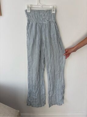 Billabong Smocked High-Waist Wide-Leg Striped Jumpsuit Pants - Light Blue